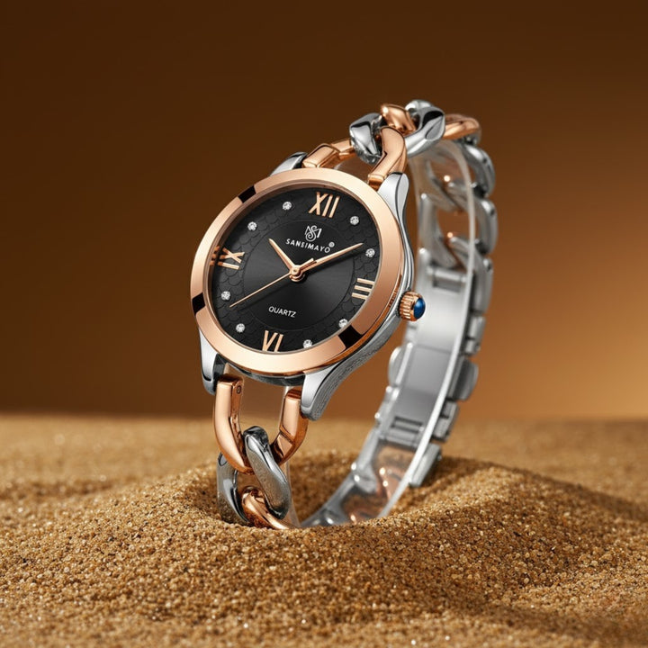 Zeenat Two Tone Silver Rose Gold Black Dial Quartz Watch