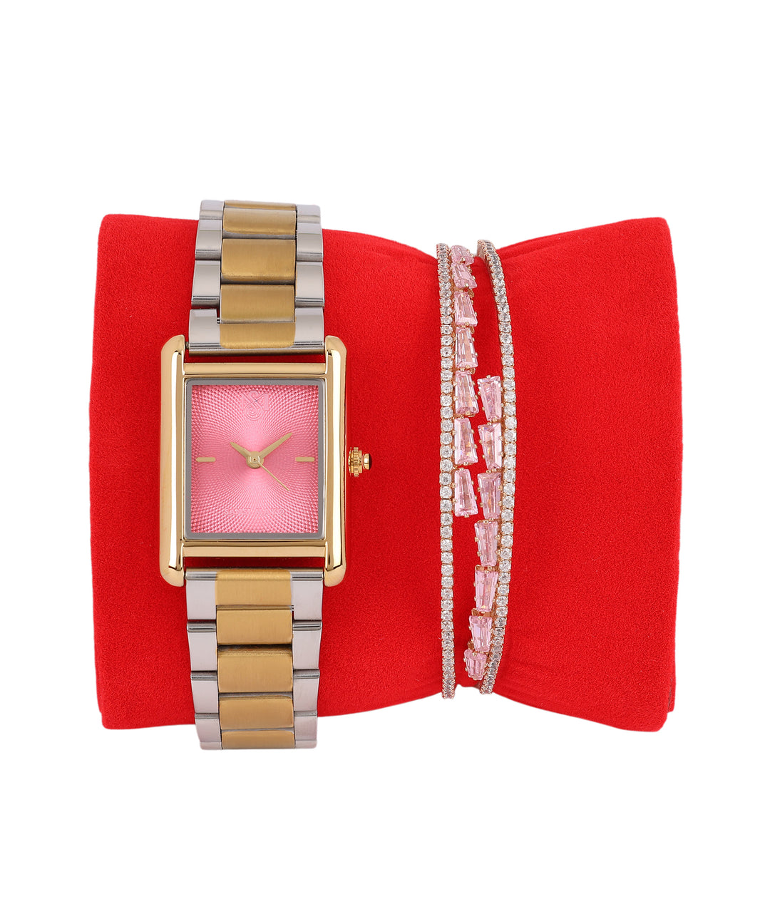 Sansimayo Women’s Dark Pink Dial Watch with Bracelet – Two Tone Gold Edition