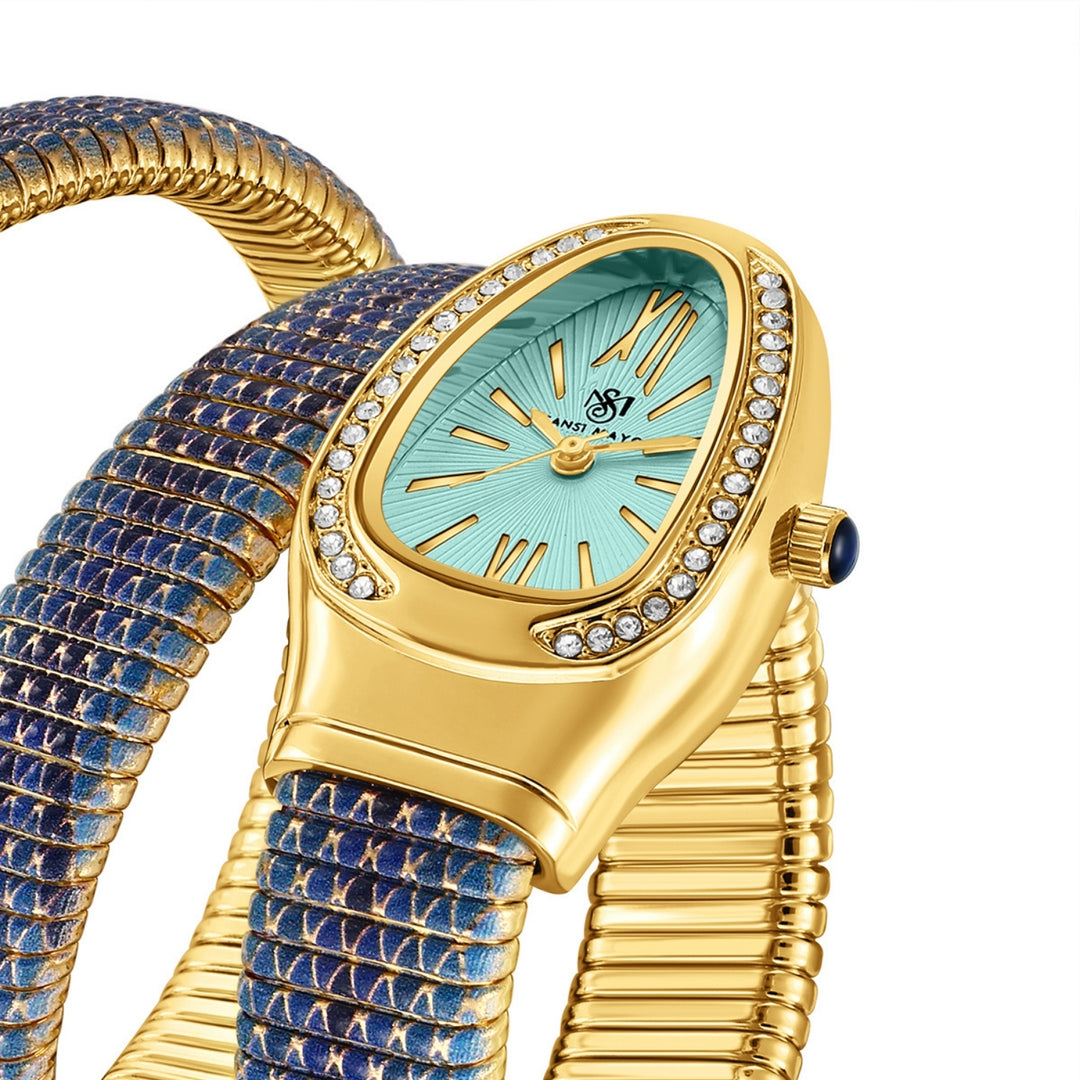 Koil Snake Two-Tone Gold Black Blue Bracelet Watch — Sky Blue Dial | Sansi Mayo