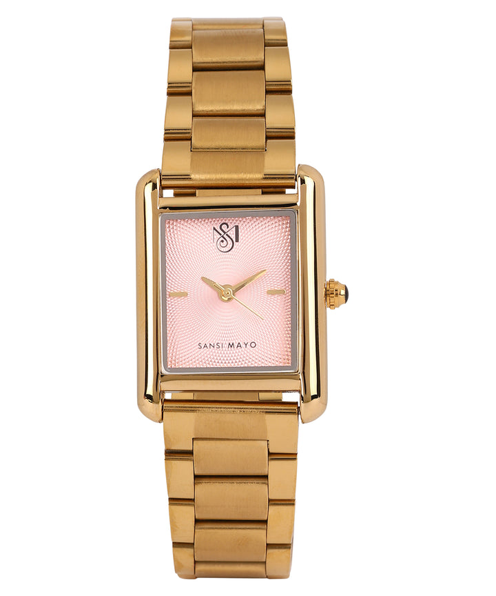 Sansi Mayo Women’s Watch, Bangle & Ring Gift Set — Gold Stainless Steel with Light Pink Dial & Crystal Egyptian Stone