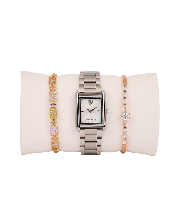 Sansimayo Women’s Grey Dial Watch with 2 Bracelets – Silver Edition