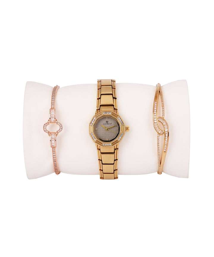 Sansimayo Women’s Round Grey Dial Watch with 2 Bracelet Set – Gold