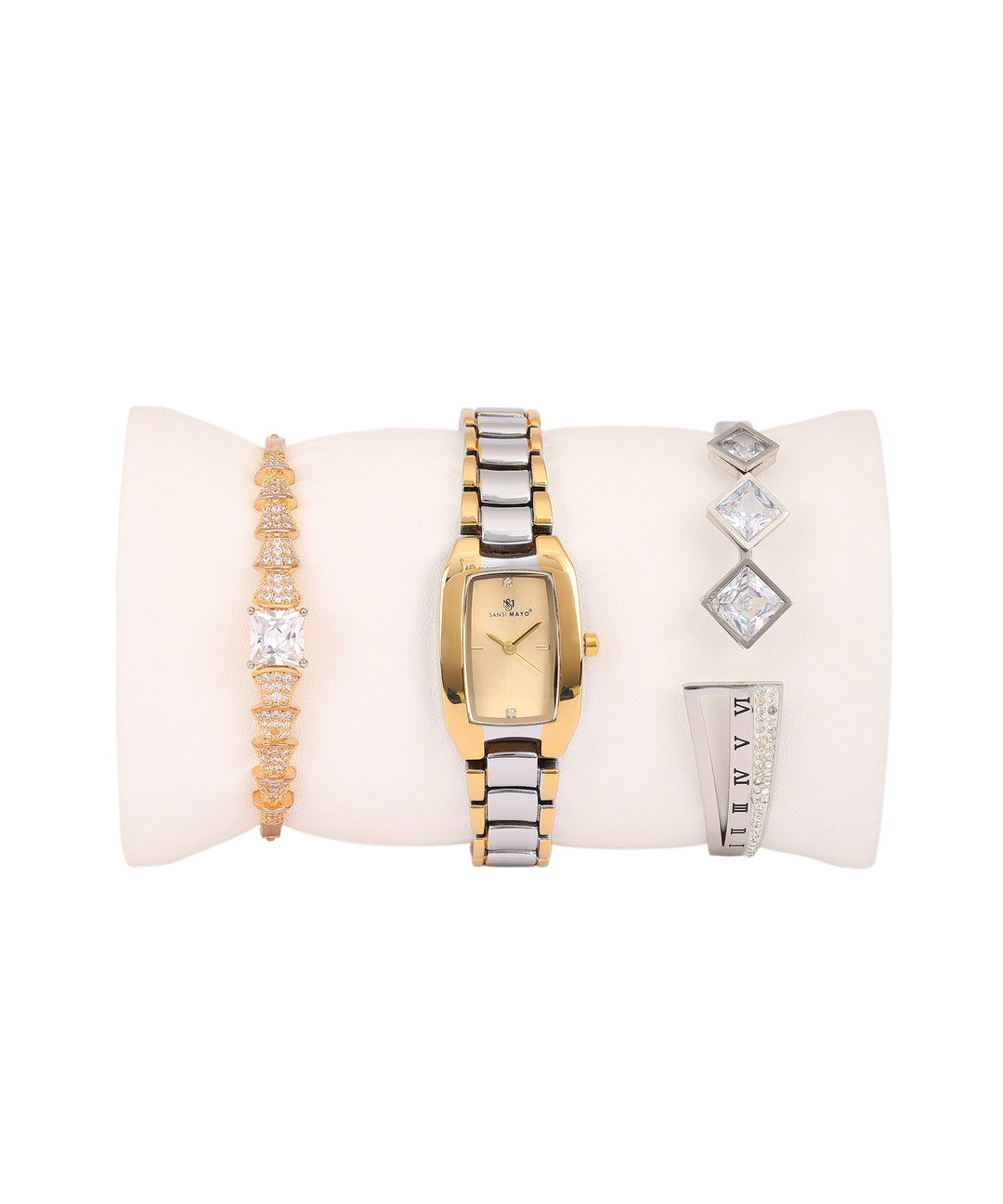 Sansimayo Women’s Rectangle Gold Dial Watch with 2 Bracelet Set – Two Tone Silver Gold