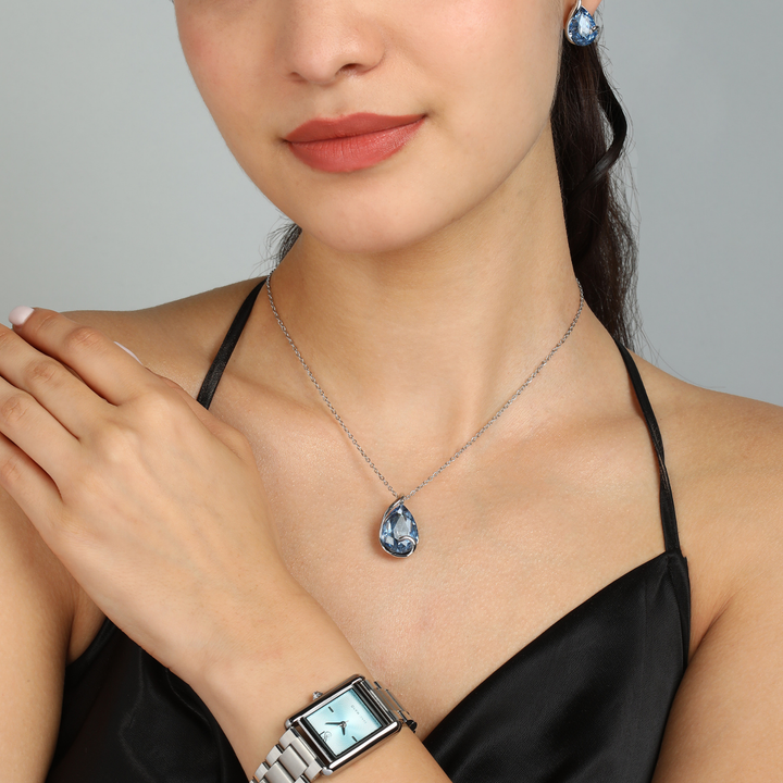 Sansi Mayo Women’s Watch & Jewellery Gift Set — Silver with Sky Blue Dial & Egyptian Stone