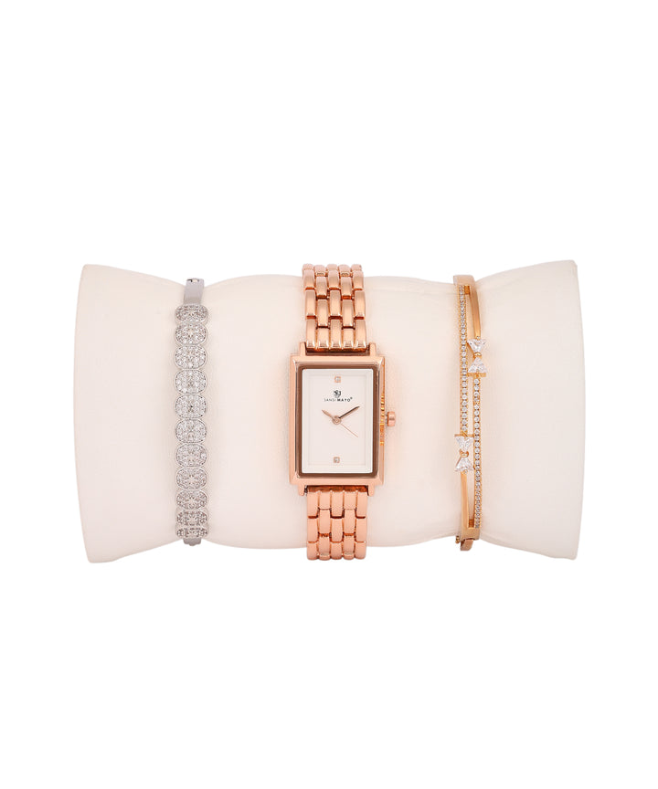 Sansimayo Women’s White Dial Watch with 2 Bracelets – Rose Gold Edition