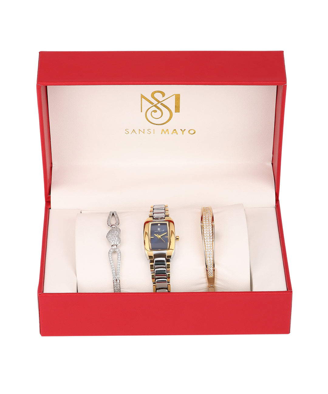 Sansimayo Women’s Rectangle Blue Dial Watch with 2 Bracelet Set – Two Tone Silver Gold