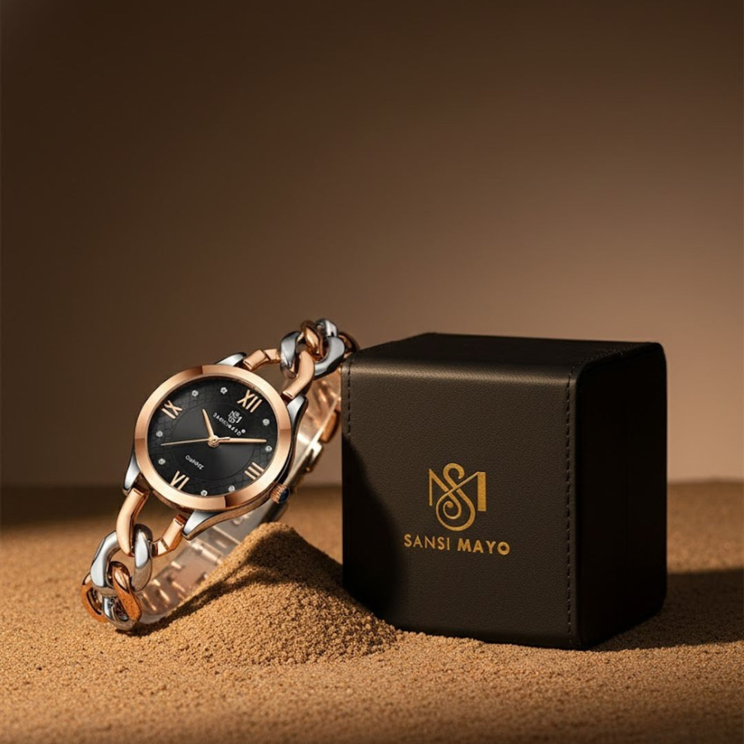 Zeenat Two Tone Silver Rose Gold Black Dial Quartz Watch