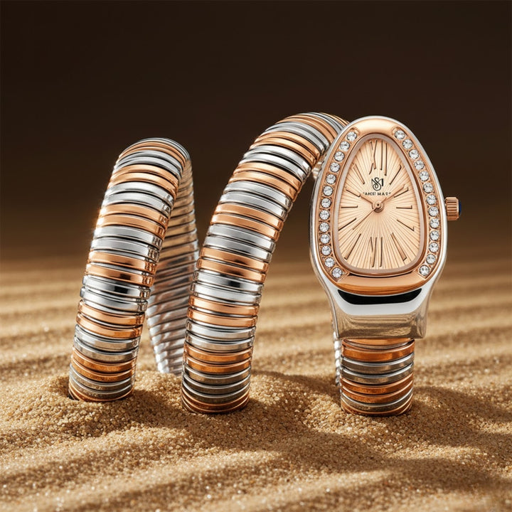 Snake 2.0 Two-Tone Silver Rose Gold Coil Bracelet Watch — Rose Gold Dial | Sansi Mayo