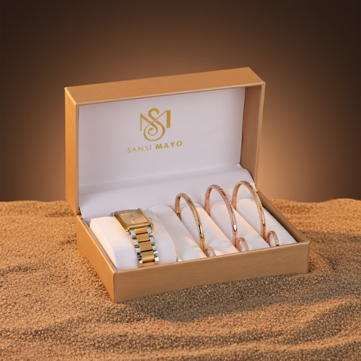 Sansi Mayo Women’s Watch, Bangle & Ring Gift Set — Two Tone Silver Gold with Gold Dial & Crystal Egyptian Stone