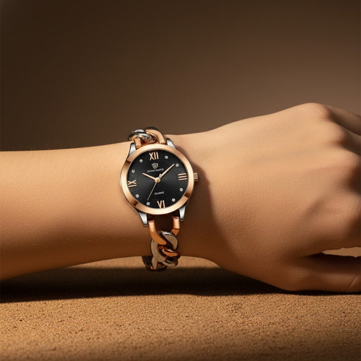 Zeenat Two Tone Silver Rose Gold Black Dial Quartz Watch