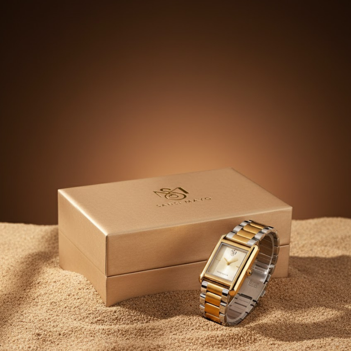 Sansi Mayo Women’s Watch, Bangle & Ring Gift Set — Two Tone Silver Gold with Gold Dial & Crystal Egyptian Stone