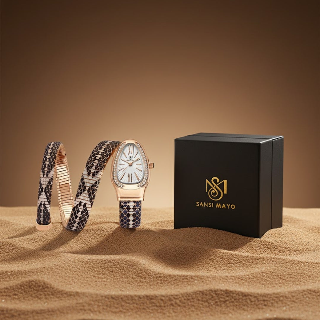 Sansi Mayo Koil Snake Watch — Two Tone Rose Gold & White Edition