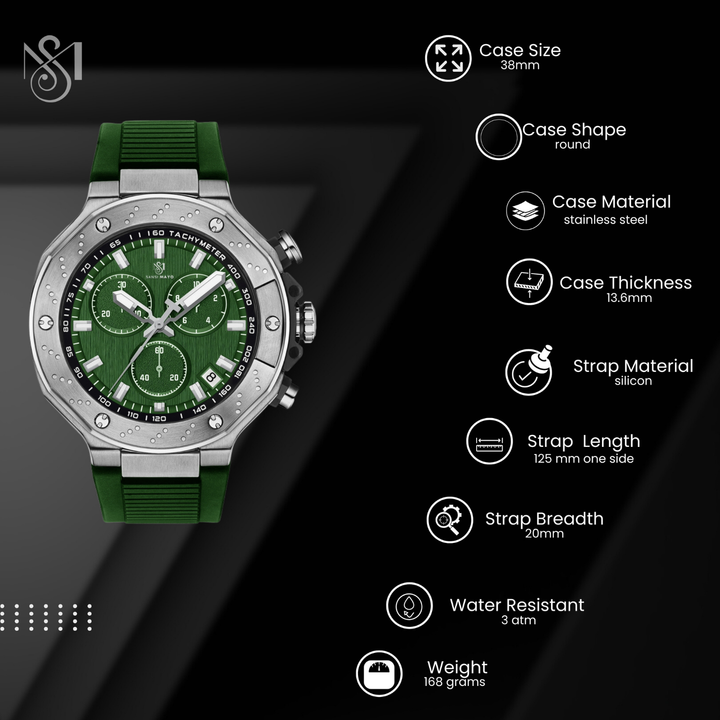 Romano Green Dial Men’s Watch — Silver Case with Green Silicone Strap