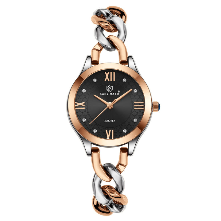 Zeenat Two Tone Silver Rose Gold Black Dial Quartz Watch