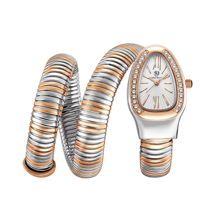 Snake 2.0 Two-Tone Silver Rose Gold Coil Bracelet Watch — White Dial | Sansi Mayo