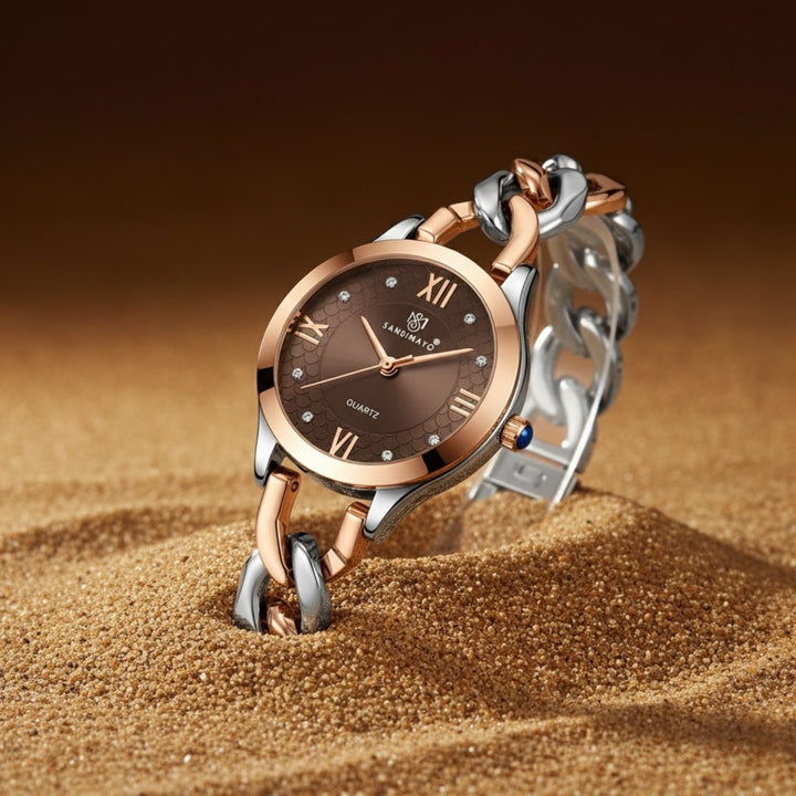 Zeenat Two Tone Silver Rose Gold Brown Dial Quartz Watch