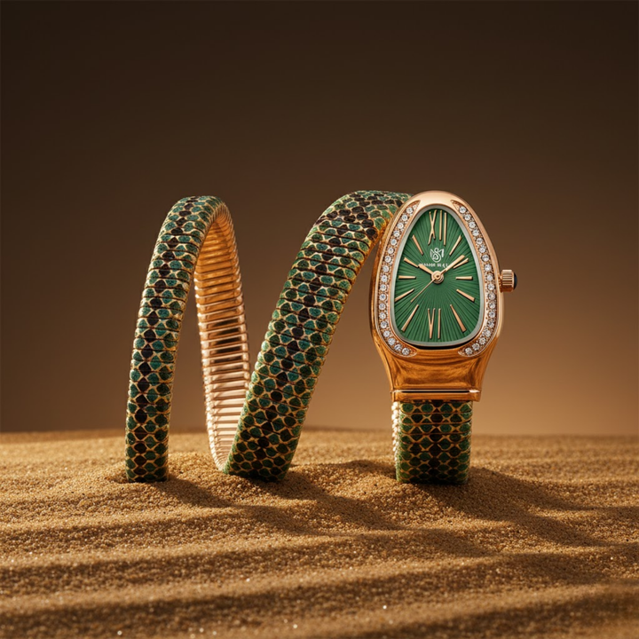 Sansi Mayo Koil Snake Watch — Two Tone Rose Gold & Green Edition