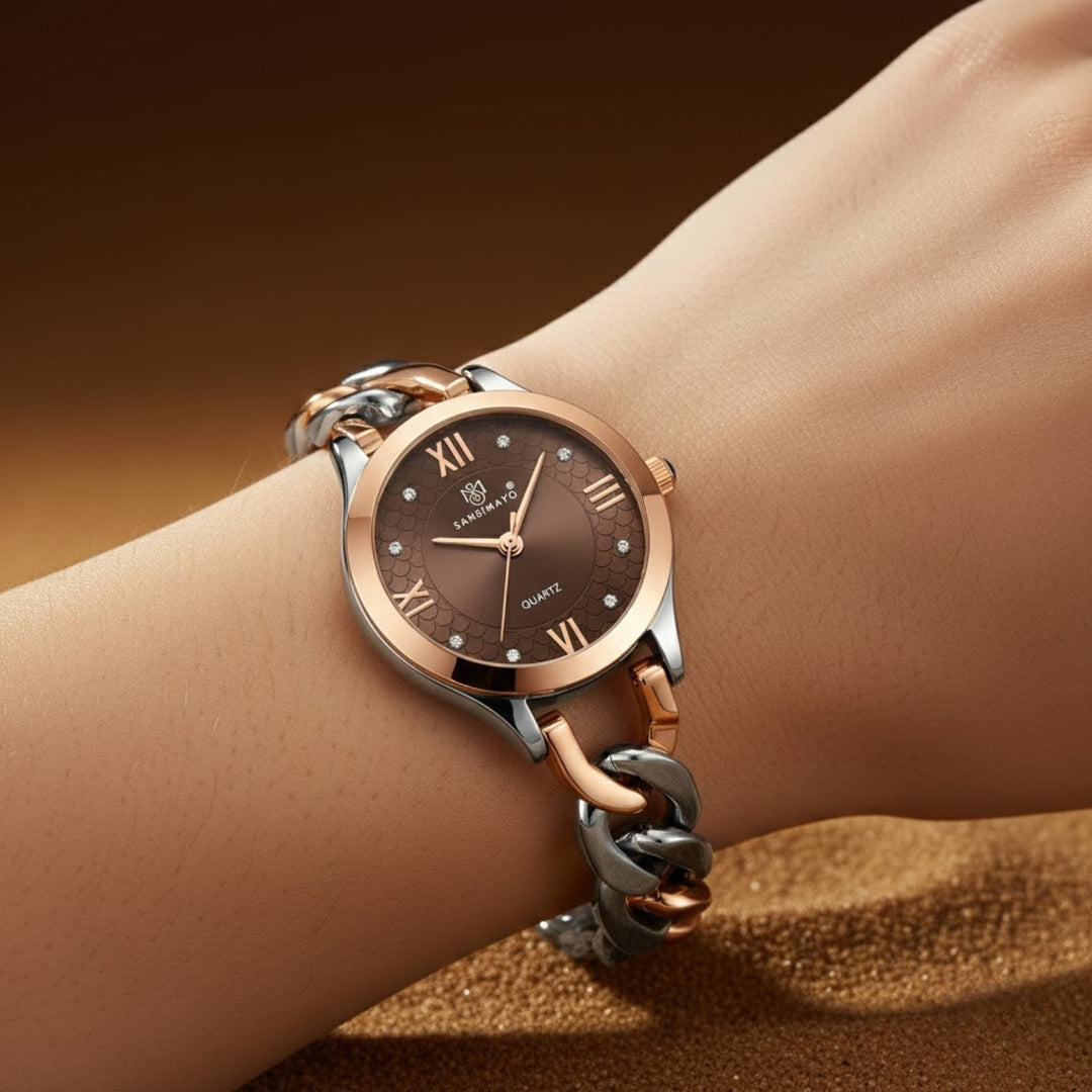 Zeenat Two Tone Silver Rose Gold Brown Dial Quartz Watch