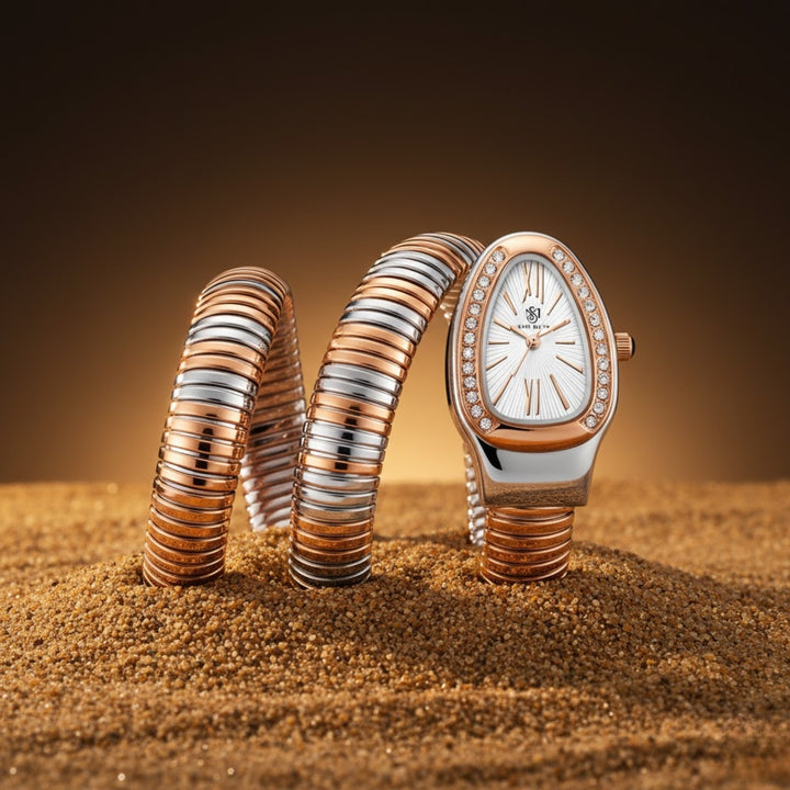 Snake 2.0 Two-Tone Silver Rose Gold Coil Bracelet Watch — White Dial | Sansi Mayo
