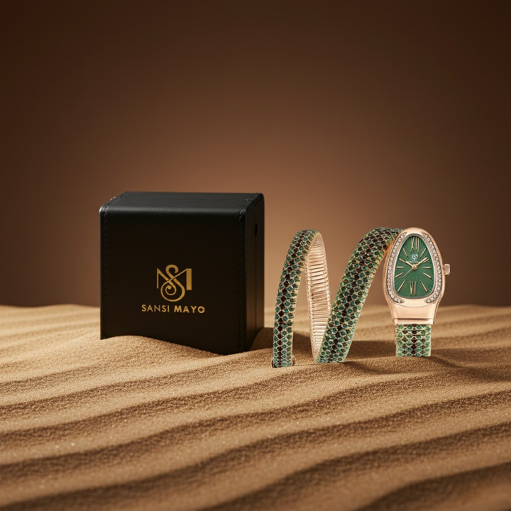 Sansi Mayo Koil Snake Watch — Two Tone Rose Gold & Green Edition