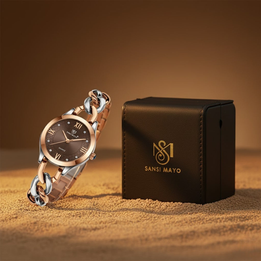 Zeenat Two Tone Silver Rose Gold Brown Dial Quartz Watch