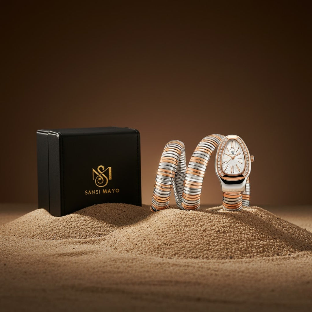 Snake 2.0 Two-Tone Silver Rose Gold Coil Bracelet Watch — White Dial | Sansi Mayo