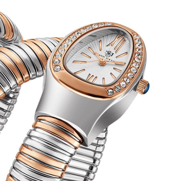Snake 2.0 Two-Tone Silver Rose Gold Coil Bracelet Watch — White Dial | Sansi Mayo
