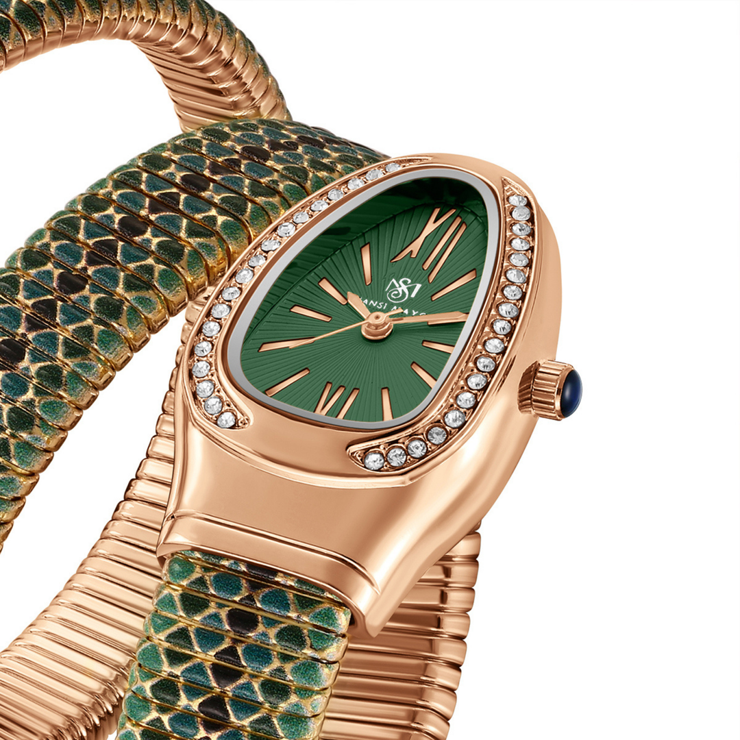 Sansi Mayo Koil Snake Watch — Two Tone Rose Gold & Green Edition