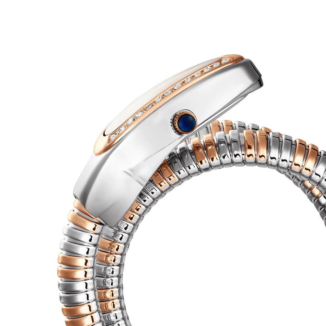 Snake 2.0 Two-Tone Silver Rose Gold Coil Bracelet Watch — White Dial | Sansi Mayo