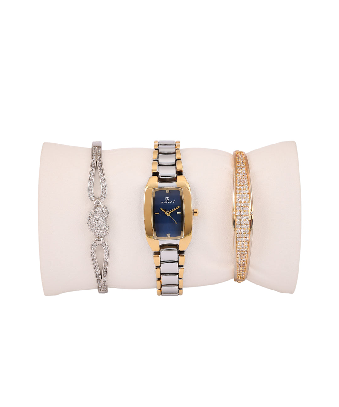 Sansimayo Women’s Rectangle Blue Dial Watch with 2 Bracelet Set – Two Tone Silver Gold