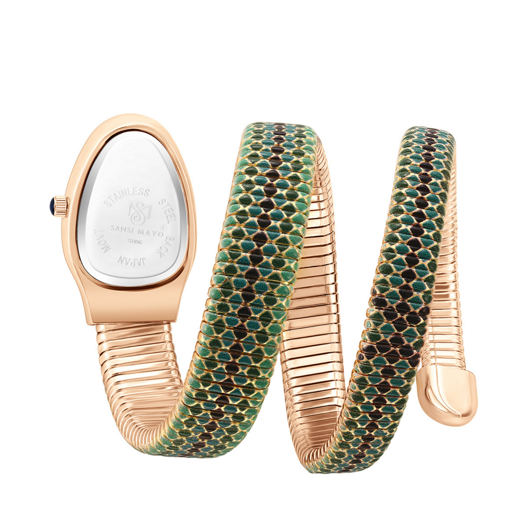 Sansi Mayo Koil Snake Watch — Two Tone Rose Gold & Green Edition