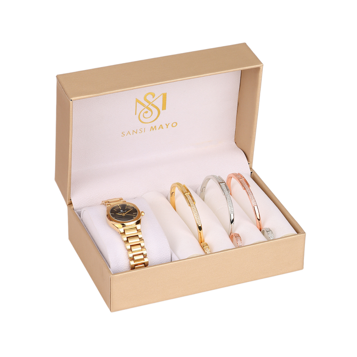 Sansi Mayo Women’s Watch, Bangle & Ring Gift Set — Gold Stainless Steel with Blue Dial & Crystal Egyptian Stone