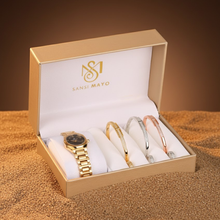 Sansi Mayo Women’s Watch, Bangle & Ring Gift Set — Gold Stainless Steel with Blue Dial & Crystal Egyptian Stone