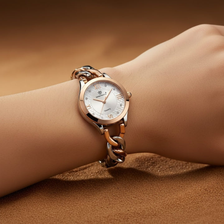 Zeenat Two Tone Silver Rose Gold Grey Dial Quartz Watch