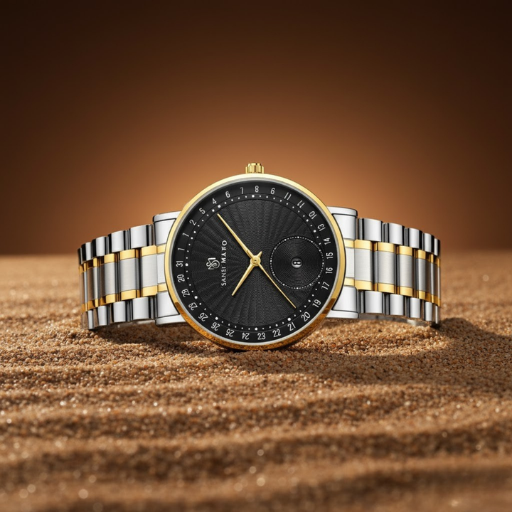 Two-Tone Silver & Gold Stainless Steel Watch — Black Dial