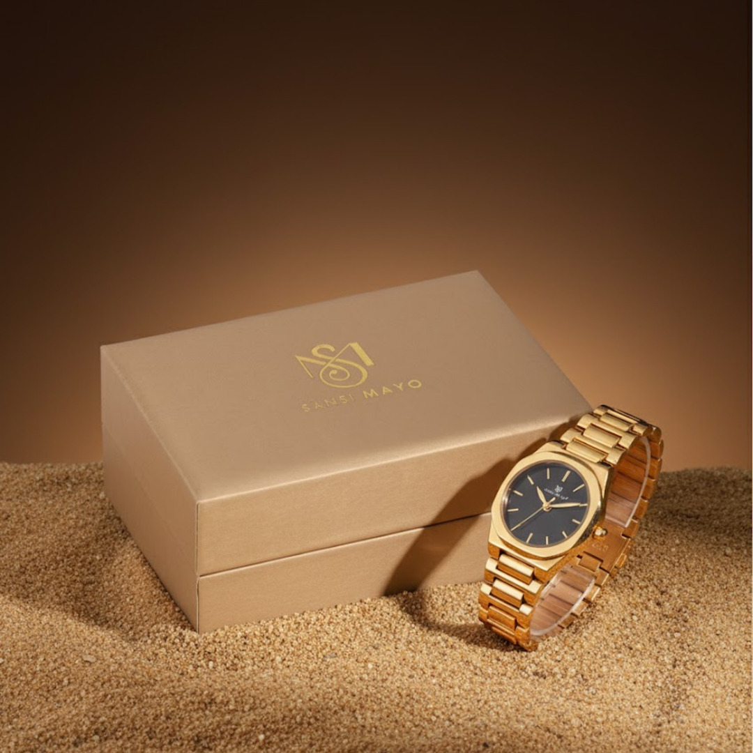 Sansi Mayo Women’s Watch, Bangle & Ring Gift Set — Gold Stainless Steel with Blue Dial & Crystal Egyptian Stone