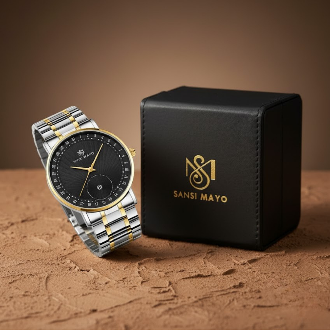 Two-Tone Silver & Gold Stainless Steel Watch — Black Dial