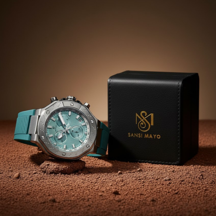 Men's Watch — Romano Collection (Sky Blue Dial, Silver Case, Sky Blue Silicone Strap)