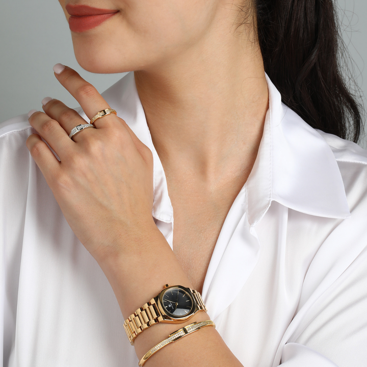 Sansi Mayo Women’s Watch, Bangle & Ring Gift Set — Gold Stainless Steel with Blue Dial & Crystal Egyptian Stone