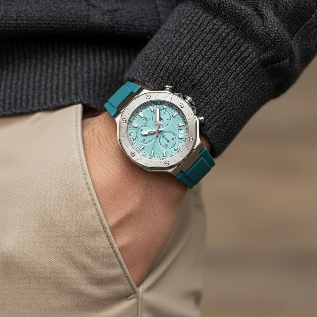 Men's Watch — Romano Collection (Sky Blue Dial, Silver Case, Sky Blue Silicone Strap)