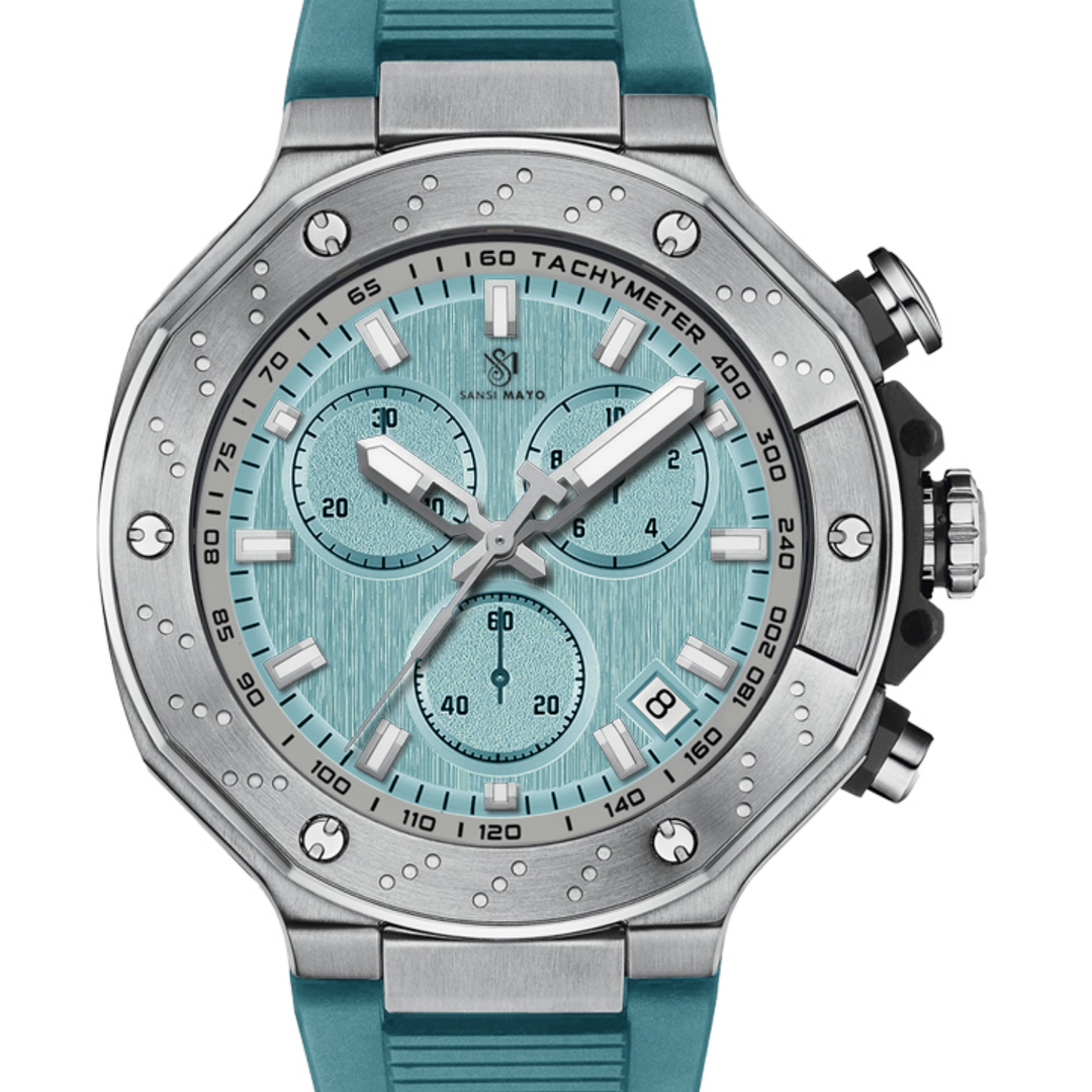 Men's Watch — Romano Collection (Sky Blue Dial, Silver Case, Sky Blue Silicone Strap)