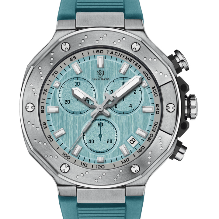 Men's Watch — Romano Collection (Sky Blue Dial, Silver Case, Sky Blue Silicone Strap)