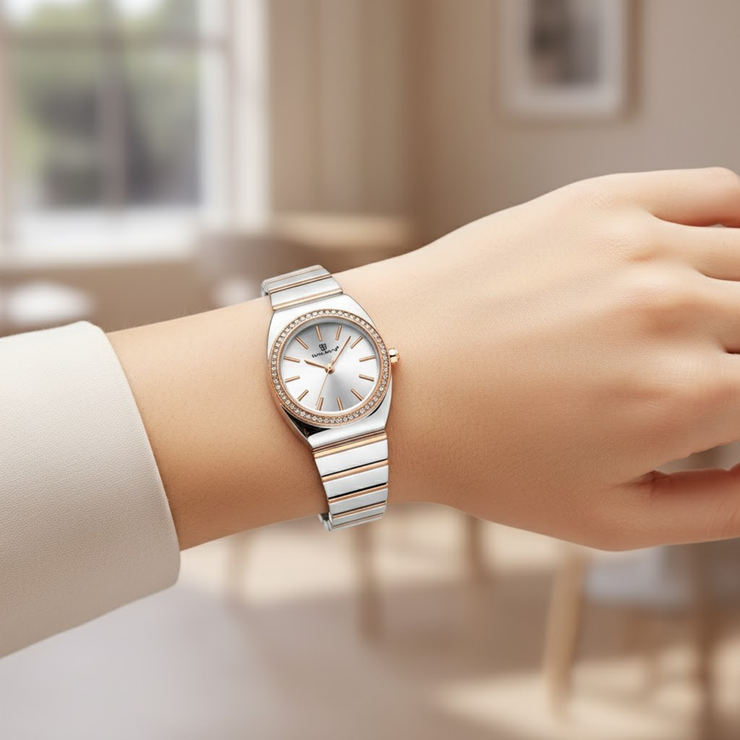 White Dial Two Tone silver Rose Gold Watch — Egyptian Stone Edition