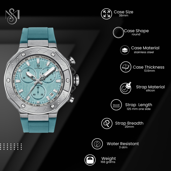 Men's Watch — Romano Collection (Sky Blue Dial, Silver Case, Sky Blue Silicone Strap)