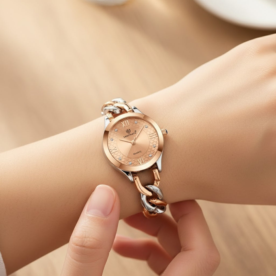 Zeenat Two Tone Silver Rose Gold Rose Gold Dial Quartz Watch