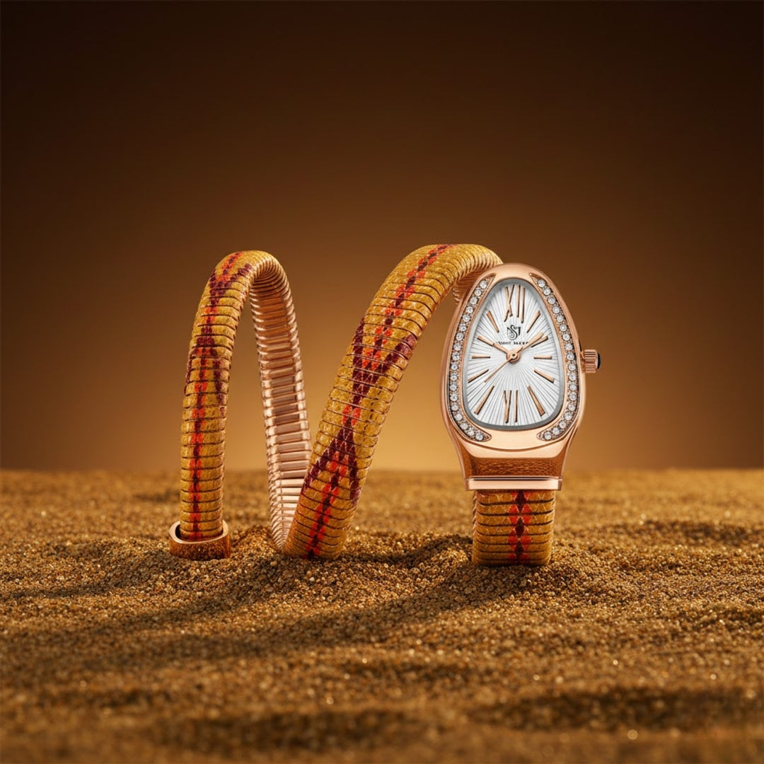 Koil Snake Two-Tone Rose Gold Gold Red Maroon Bracelet Watch — White Dial | Sansi Mayo