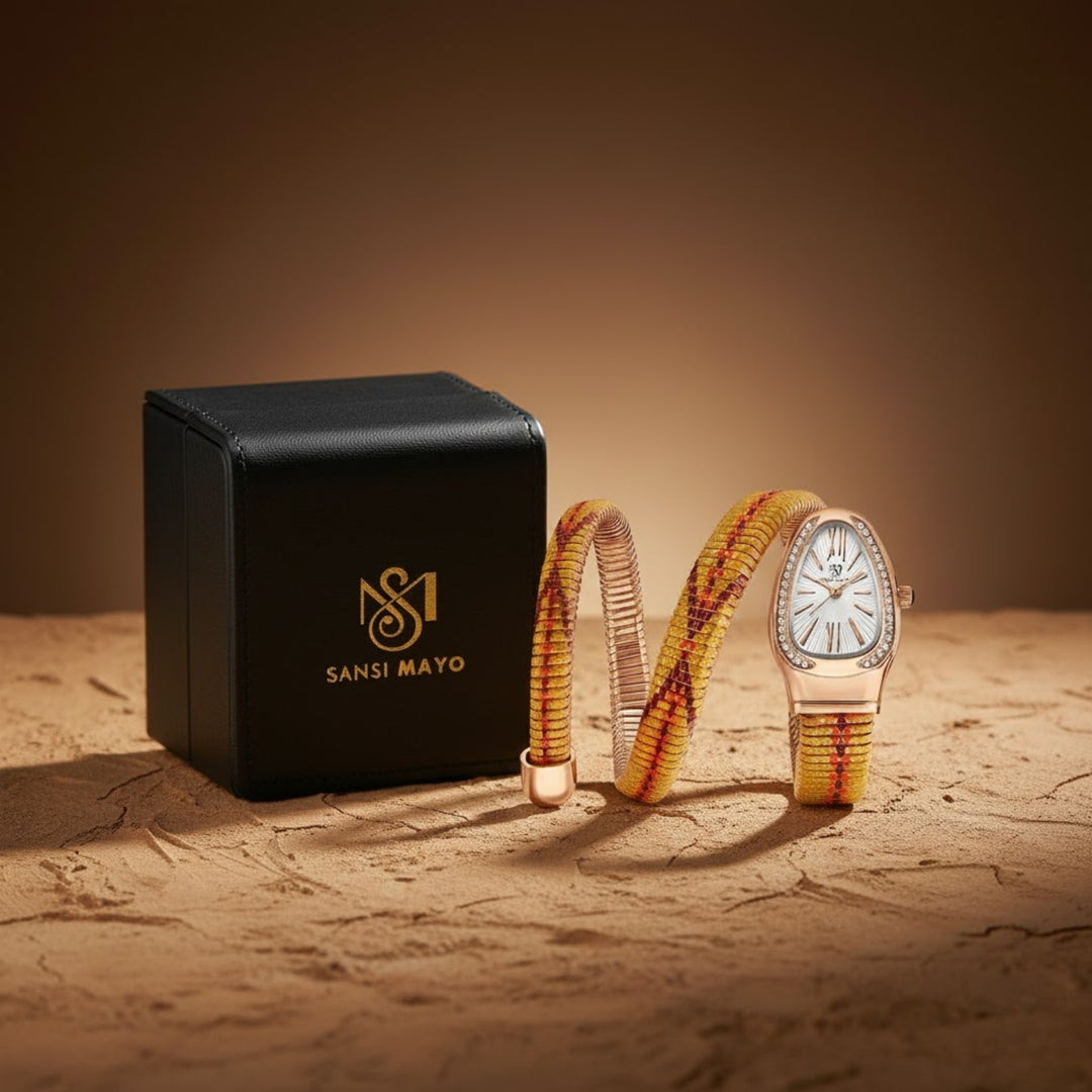 Koil Snake Two-Tone Rose Gold Gold Red Maroon Bracelet Watch — White Dial | Sansi Mayo