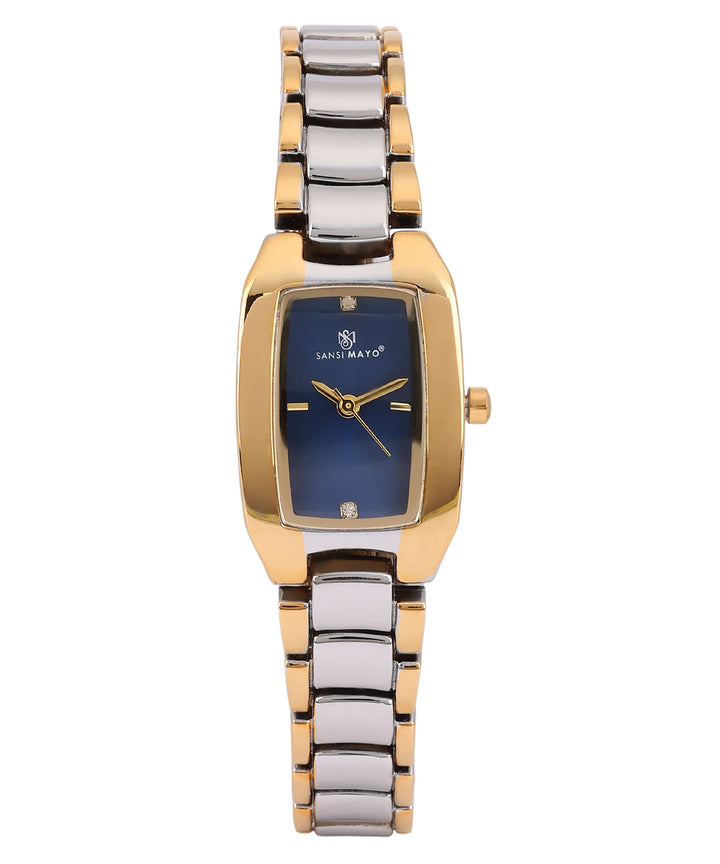 Sansimayo Women’s Rectangle Blue Dial Watch with 2 Bracelet Set – Two Tone Silver Gold
