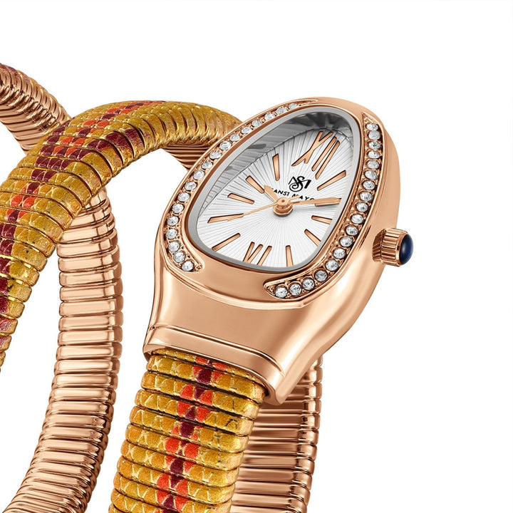 Koil Snake Two-Tone Rose Gold Gold Red Maroon Bracelet Watch — White Dial | Sansi Mayo