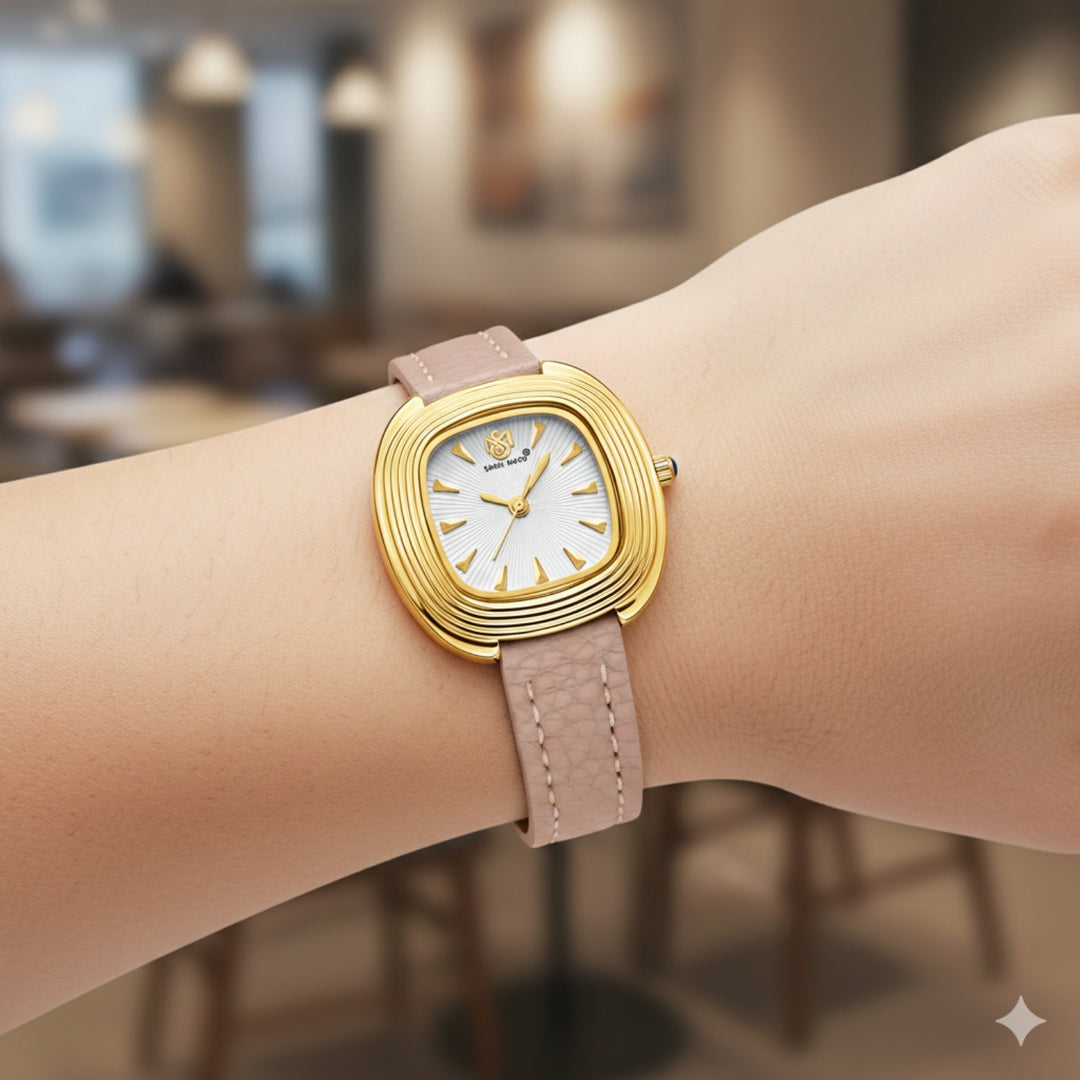 Verona Peach Dial Gold Square Watch for Women